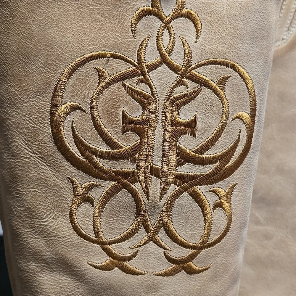 Frye Tan Paige Embroidered Logo Riding Boots Womens Size 7 Zip Back